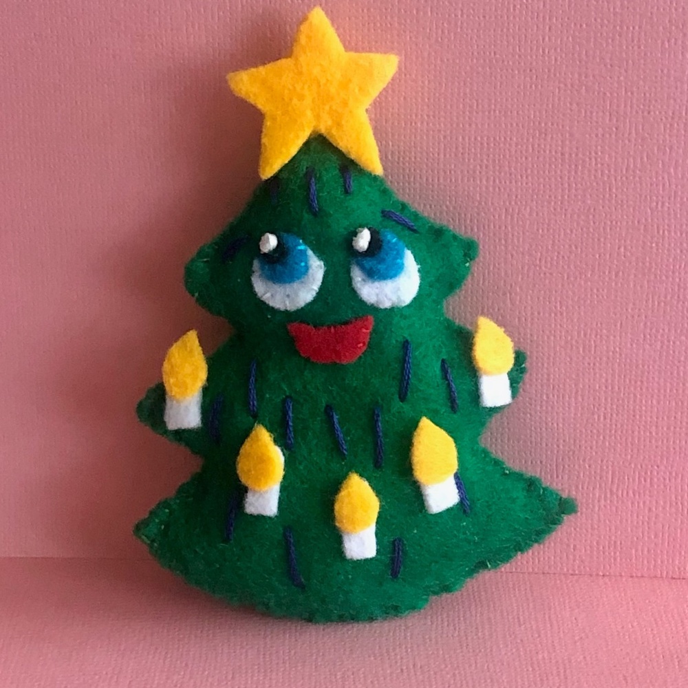 Hand-Sewn Felt Kawaii Anthropomorphic Green Christmas Tree Ornament